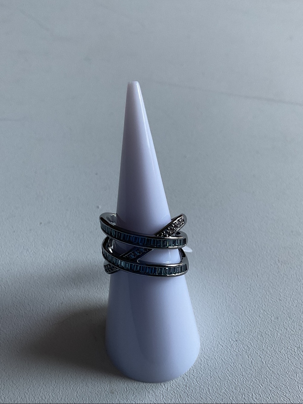 bp Silver Crisscross Ring with Blue-Grey Accent Stones